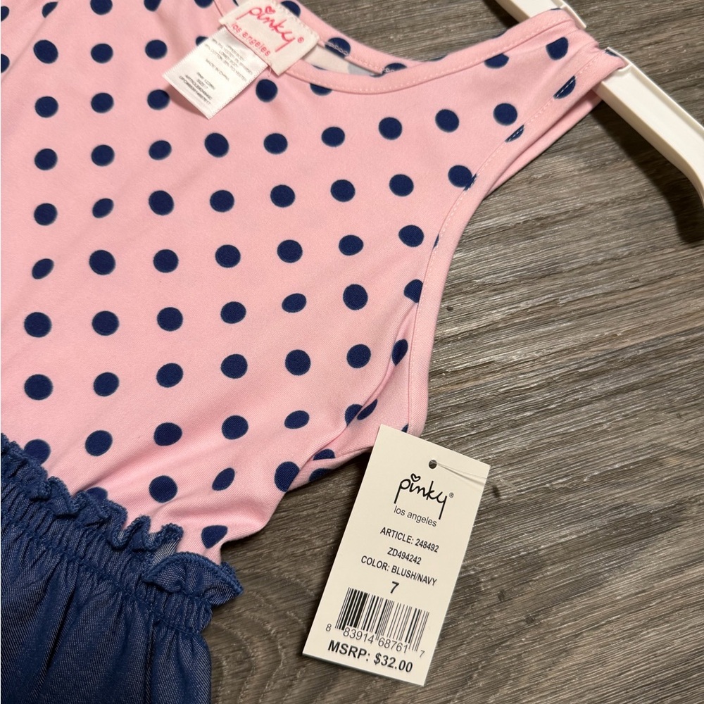 Pinky Polka Dot Pink and Navy Kids Dress - Picture 2 of 3